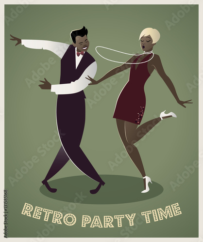 Funny afro american couple dancing charleston. Cartoon retro style