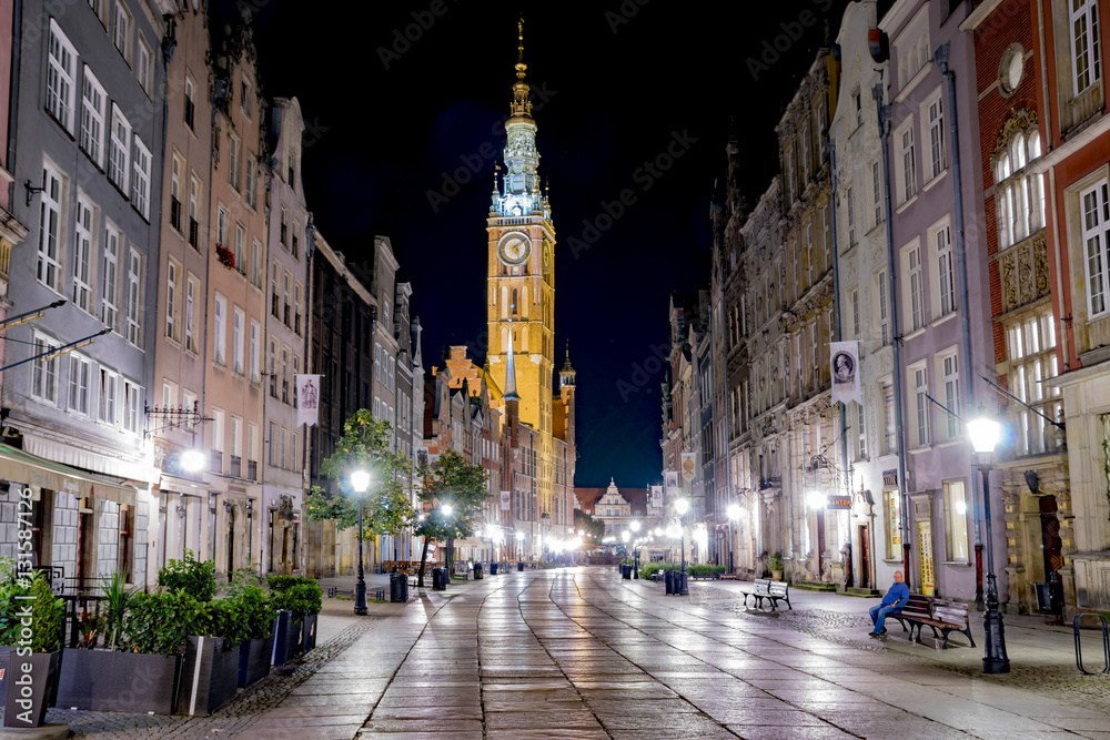 Long Market Street with Fountain of Neptune at night , Gdansk, Poland
