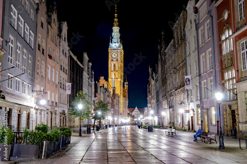 Long Market Street with Fountain of Neptune at night , Gdansk, Poland 