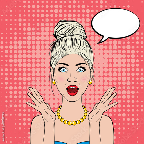 Vector surprised woman in the pop art comics style.