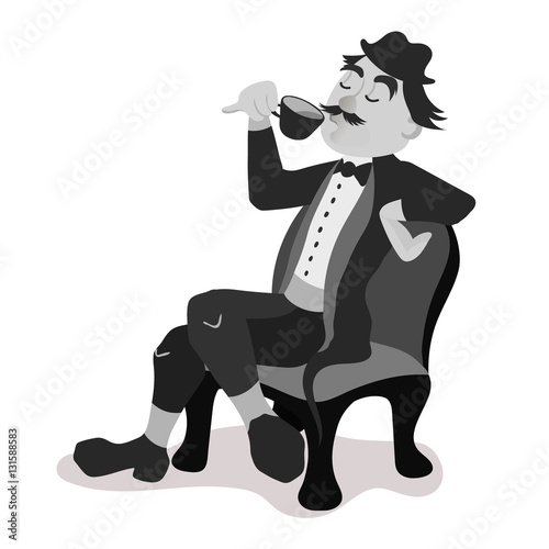 Englishman drinking tea from a little teacup and extend his pink