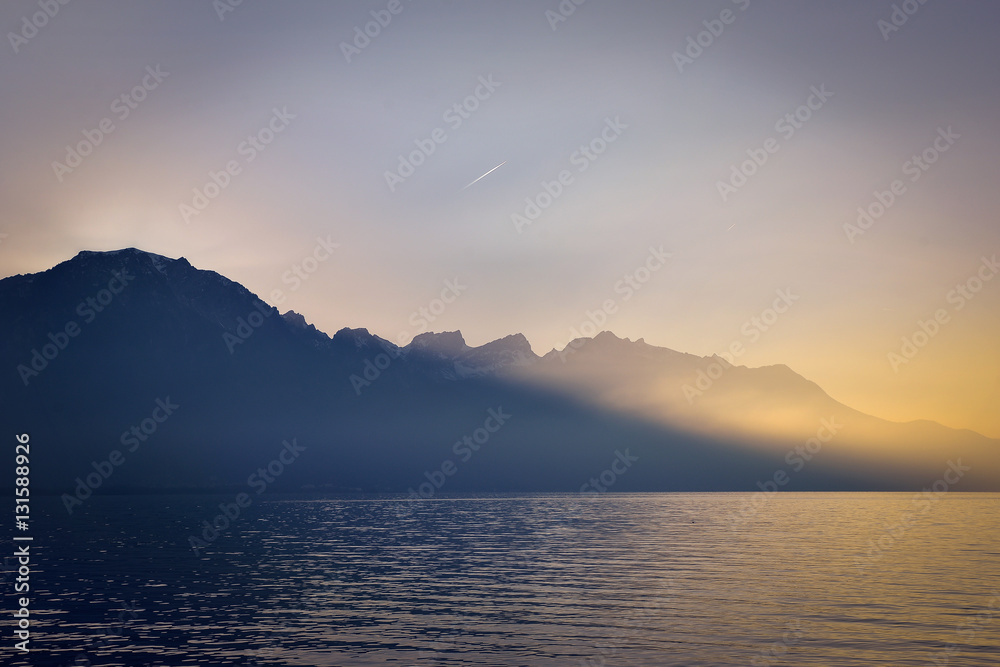 Sun beams in mountains.Near Montreux, Geneva, Switzerland, Europe