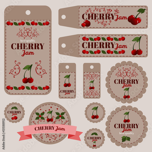 A bunch of labels for jams with cherry
