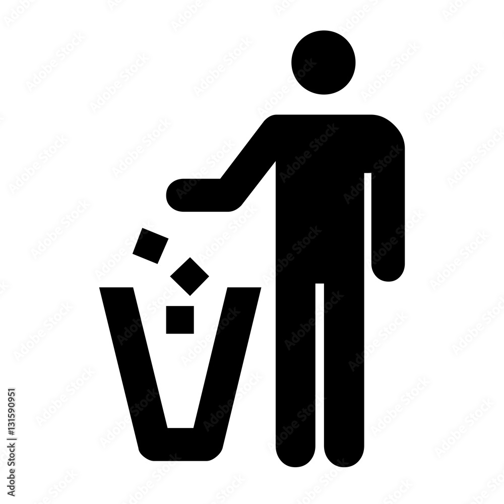 Keep clean icon. Do not litter sign. Silhouette of a man, throwing garbage in a bin, isolated on white background. No littering symbol in square. Public Information Icon. Stock vector illustration Keep clean icon. Do not litter sign. Silhouette of a man, throwing garbage in a bin, isolated on white background. No littering symbol in square. Public Information Icon. Stock vector illustration