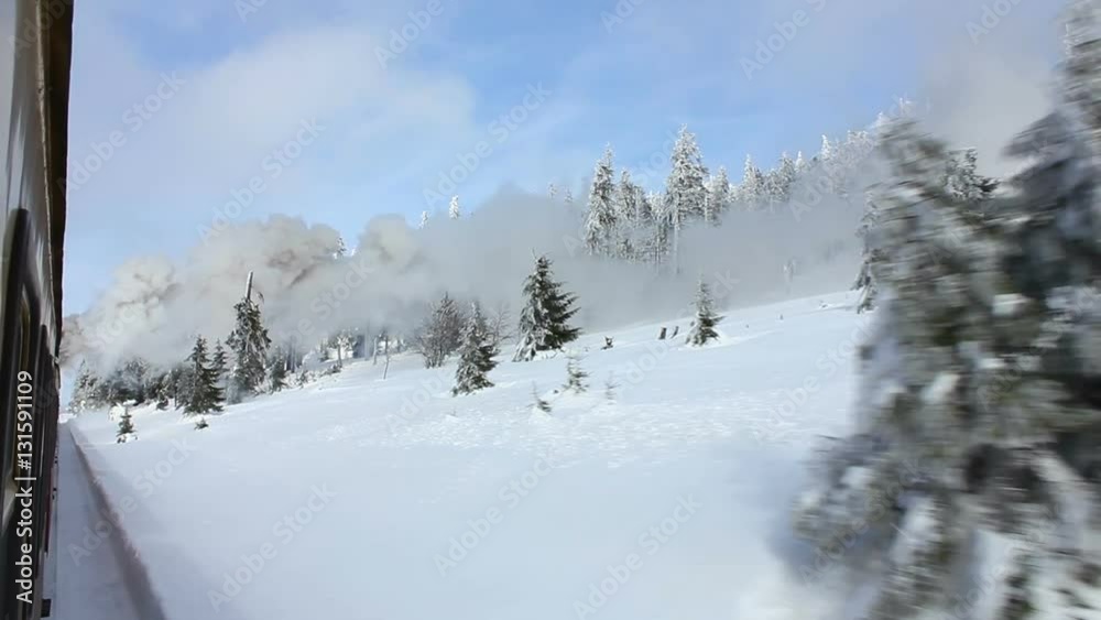 Steam train drives through winter landscape Steam train drives through winter landscape