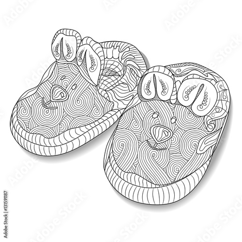 Doodle sketch of baby bootees in black and white zentangle design. Coloring book for adult older children. Hand drawn vector illustration.