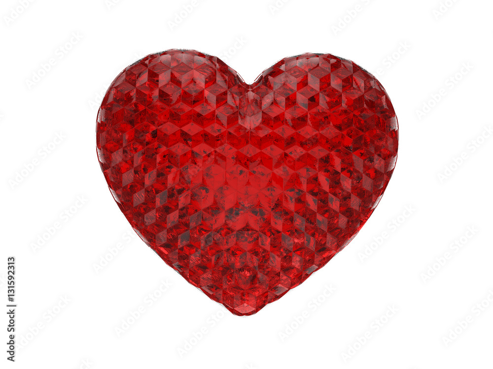 3D illustration red glass heart on a white background