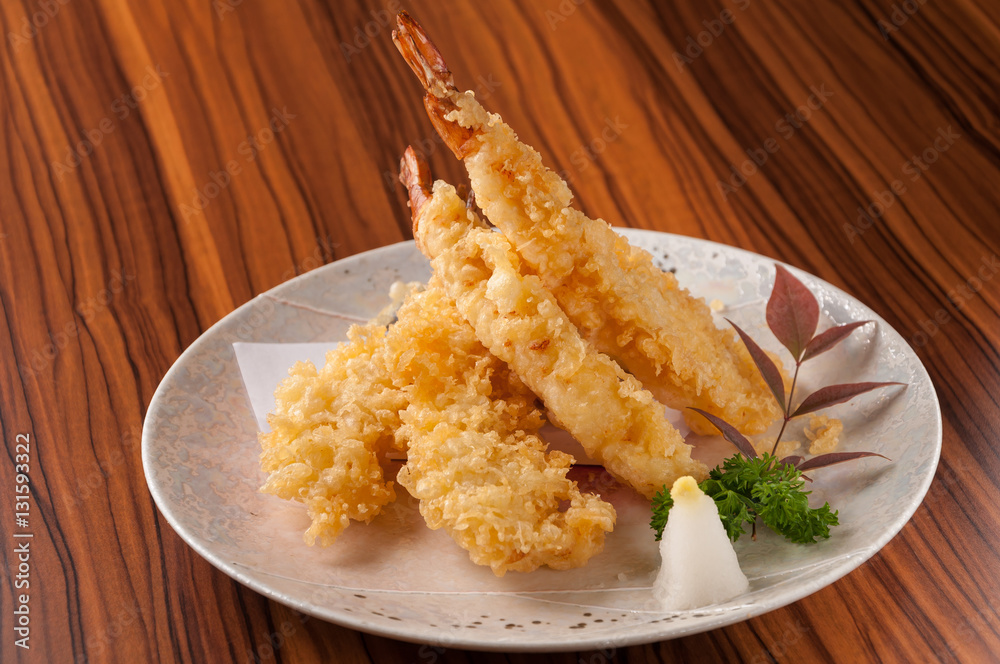 Japanese Cuisine - Tempura Shrimps (Deep Fried Shrimps) with sauce Japanese Cuisine - Tempura Shrimps (Deep Fried Shrimps) with sauce