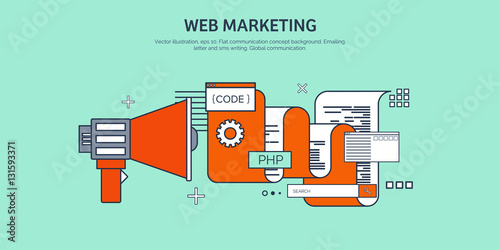 Vector illustration. Flat background. Coding, programming. SEO. Search engine optimization. App development, creation. Software, program code. Web design.