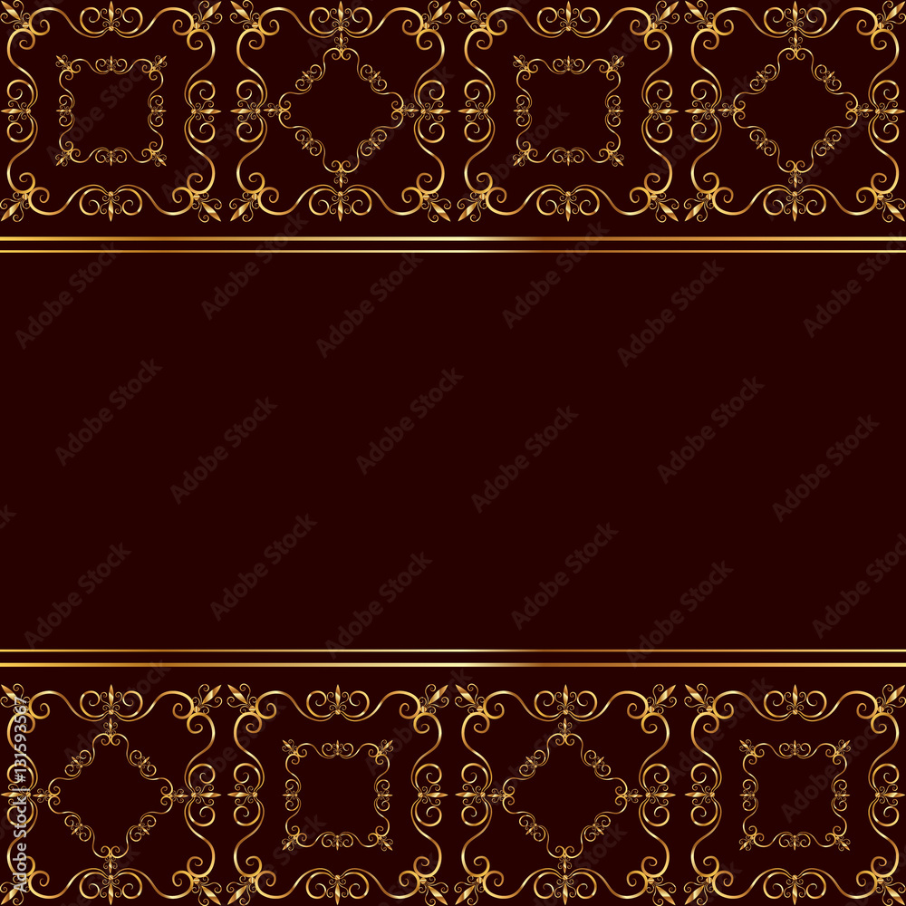 Golden ornament card on dark red background Golden ornament card on dark red background