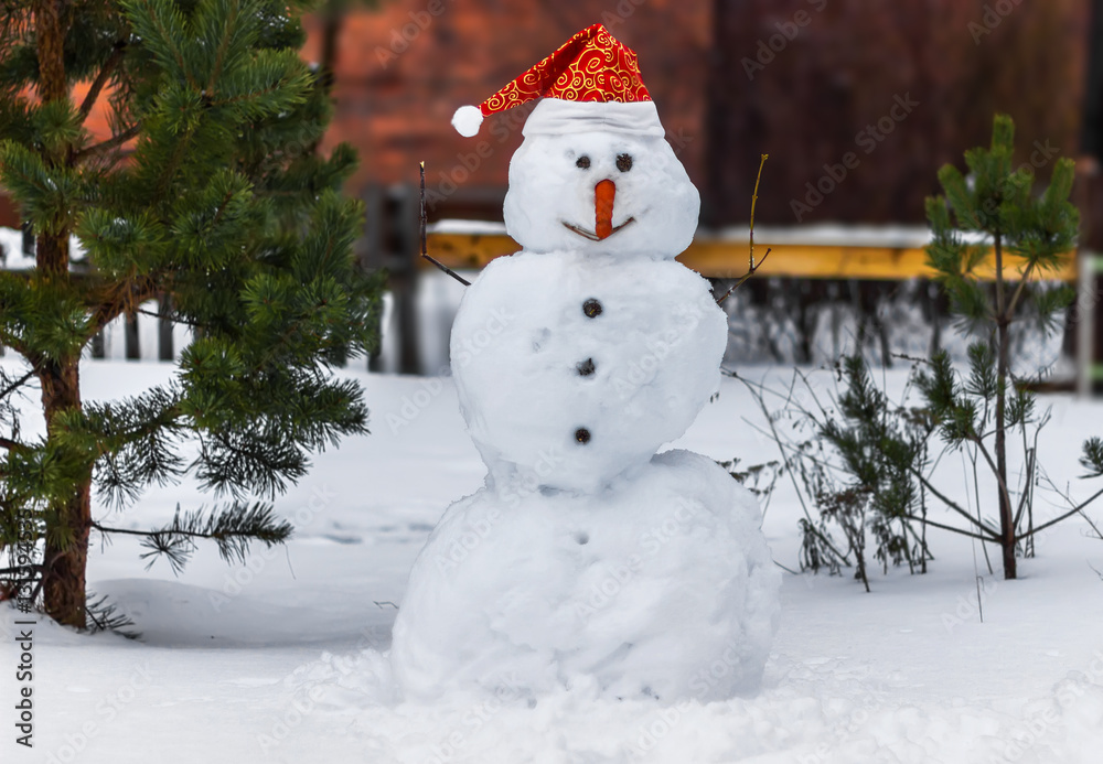 Obraz premium Smiling Snowman in a Santa Claus hat
