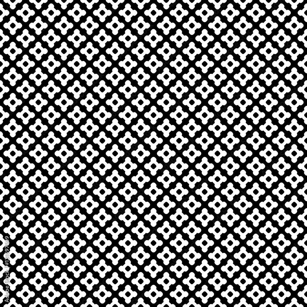 Vector monochrome seamless pattern. Abstract black & white symmetric texture, simple geometric figures, smooth lines, repeat tiles. Endless dark minimalist background, design for prints, decoration