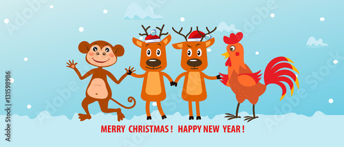 Photography Two funny christmas reindeer, monkey and rooster