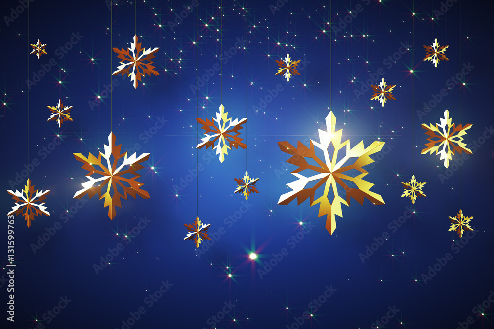 Golden snowflakes on blue background