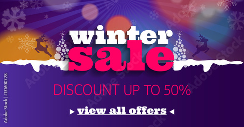 Winter sale social network banner dark blue with snow, color background, snowflakes, tree and discount.