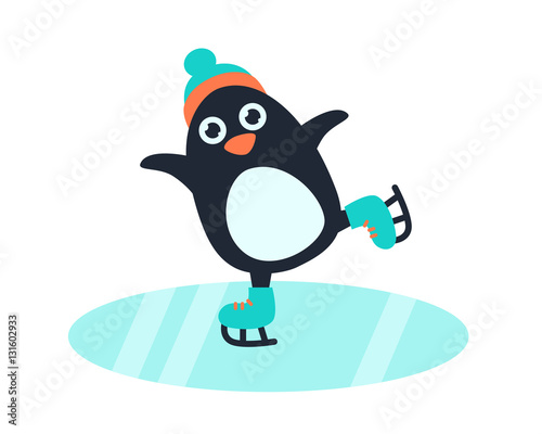 Little cute penguin in hat and skates on the ice rink. Vector illustration