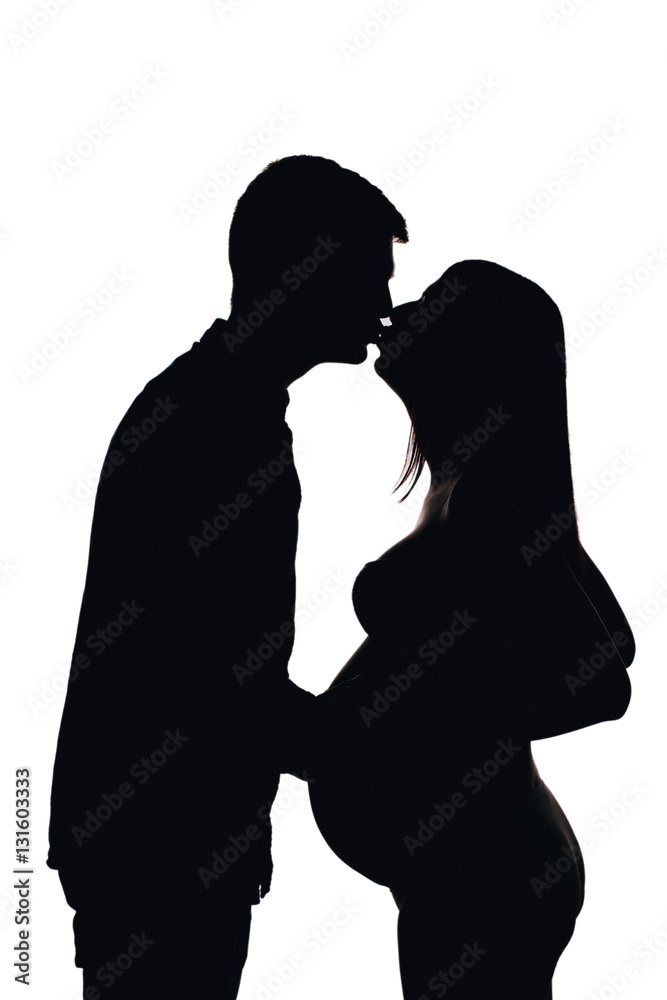 Young pregnant couple expecting. silhouette, white isolated. Pre