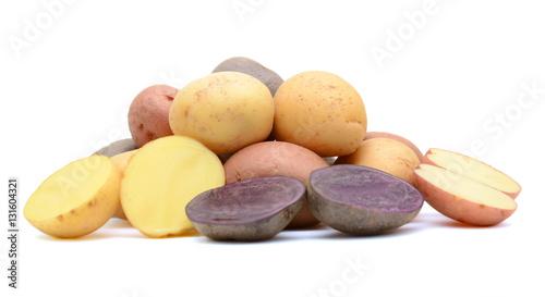 Mixed varieties of potatoes: red potatoes, yellow potatoes and purple potatoes