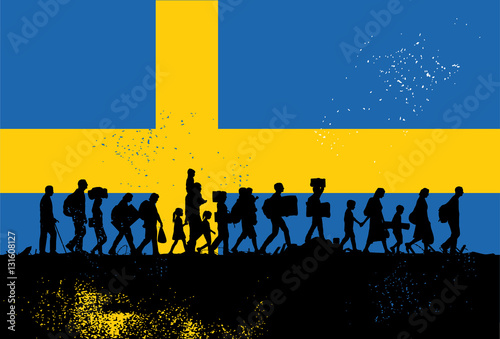 Silhouette of refugees people walking with flag of Sweden as a background
