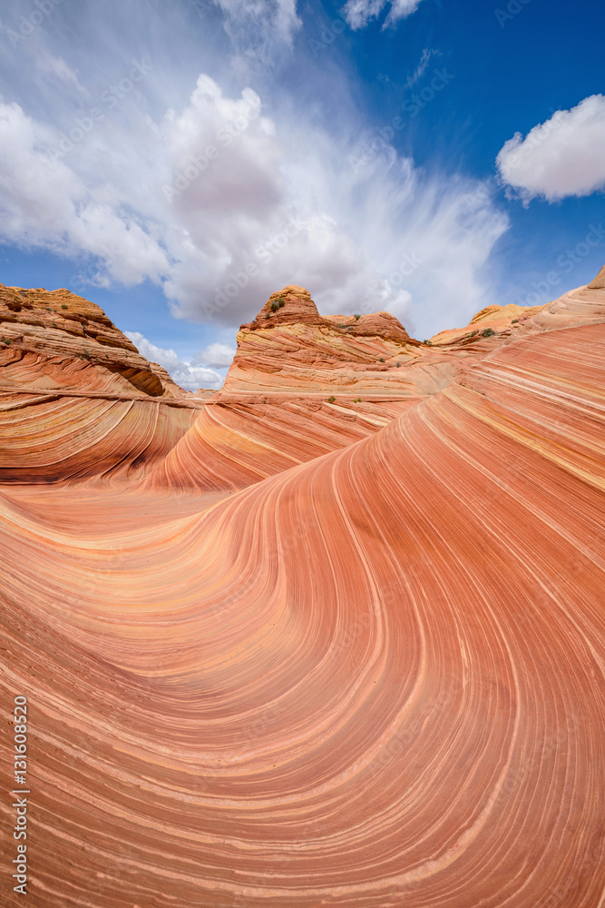 Naklejka premium The Wave - Swirling sandstone waves and rolling clouds at The Wave, a dramatic and colorful erosional sandstone rock formation located in North Coyote Buttes area at Arizona-Utah border. 