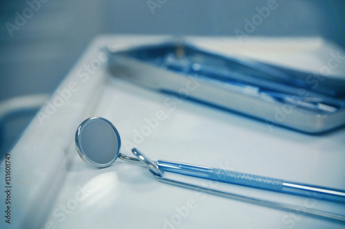 Dental instruments in clinic, close up view