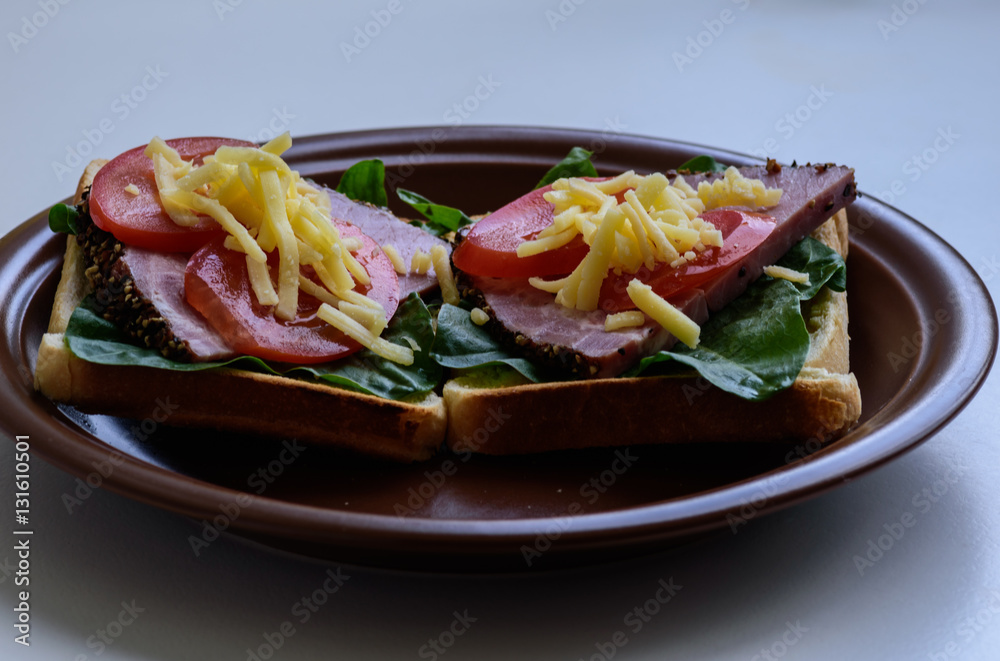 Toast with roasted meat, tomatoes, sorrel and mozzarella cheese served on clay plate Toast with roasted meat, tomatoes, sorrel and mozzarella cheese served on clay plate