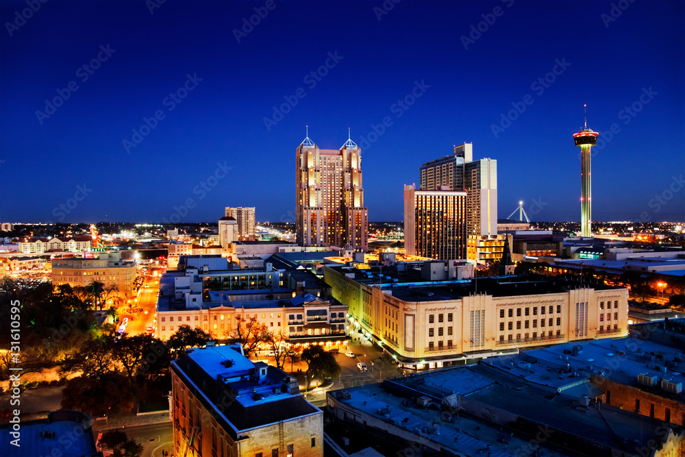 San Antonio downtown just after sunset showing skyline around Tower of the Americas & city lights