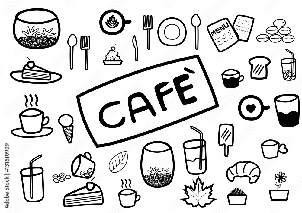 abstract hand draw doodle line in coffee and food caf? concept on white background, vector, illustration, cartoon style