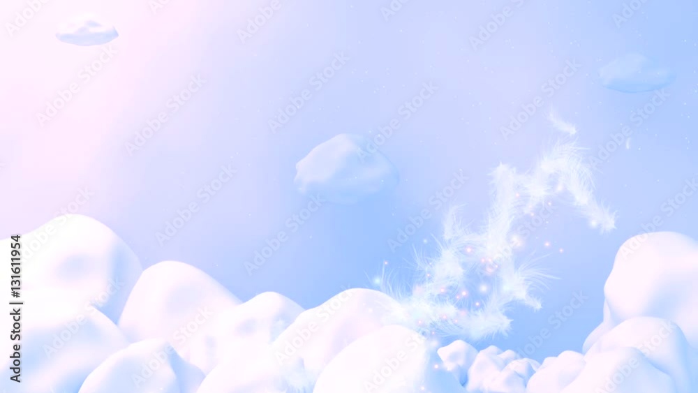 Beautiful pastel color sky and clouds background. White feathers flying ...