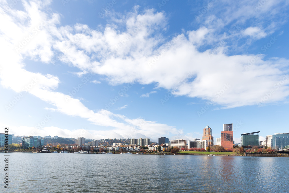 cityscape and skyline of portland from tranquil water