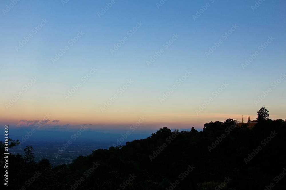 Sunset in high mountain at Doi Suthep in Chiang mai, Thailand. Low key.