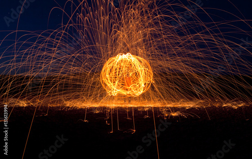 Showers of hot glowing sparks from spinning steel wool.