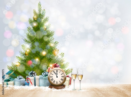 Holiday Christmas background with gift boxes and Christmas tree.