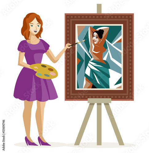 girl painting a geometric cubist woman