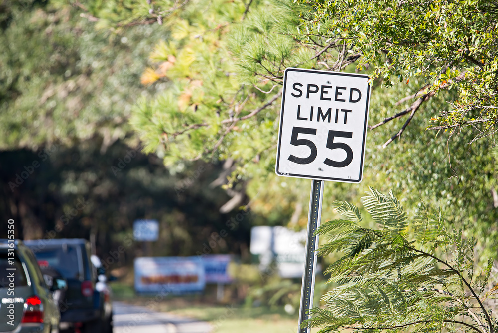 White sign with "speed limit 55" printed in black on country roa - obrazy, fototapety, plakaty 