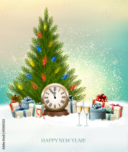 Holiday background with gift boxes, a clock and a Christmas tree