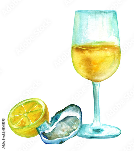 Glass of wine with oyster and lemon, isolated watercolor