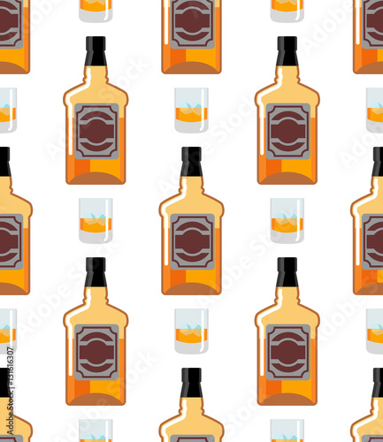 Bottle Scotch seamless pattern. Glass of whiskey and ice ornamen