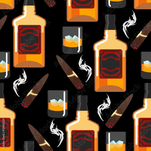 Whiskey with ice seamless pattern. Gentleman background. Bottle