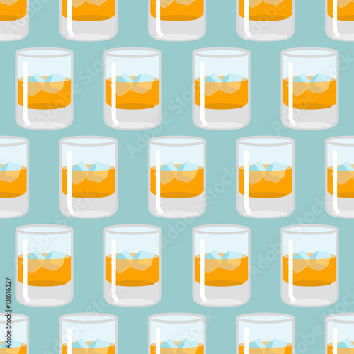 Glass of whiskey and ice seamless pattern. Scotch background. Dr