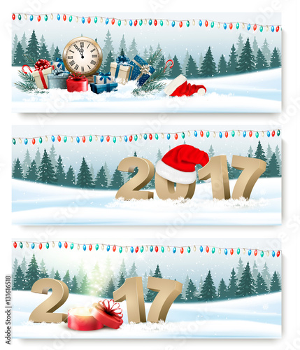 Happy New Year 2017 nature banners with garland and presents. Ve