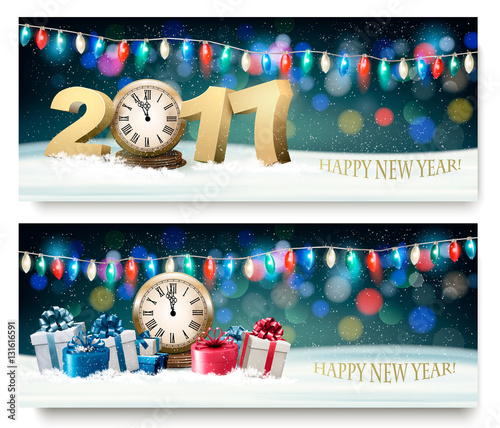 Happy New Year banners with presents and fireworks. Vector.