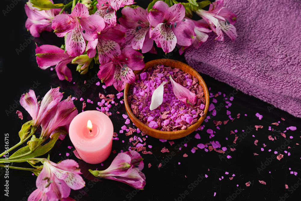 Spa feeling with towel ,salt in bowl ,candle , towel ,orchid Spa feeling with towel ,salt in bowl ,candle , towel ,orchid