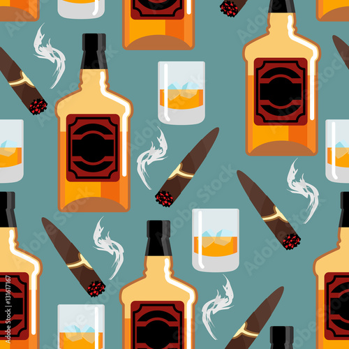 Whiskey with ice seamless pattern. Gentleman background. Bottle