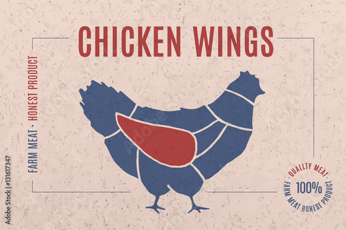 Label for chicken meat with text Chicken Wings. Creative graphic design for butcher shop, farmer market. Advertising poster for meat related theme. Vector Illustration