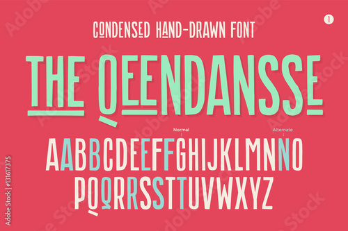Hand-drawn condensed alphabet and font. Tall and thin uppercase letters and alternative characters. Hand-drawn sketch narrow sans serif font The Qeendansse, part One. Vector Illustration