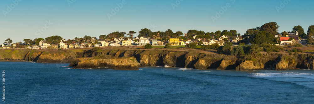 Panorama of the town Mendocino. An historic town on the northern California coast popular  with tourists. 