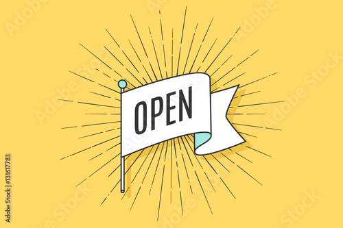 Old vintage flag with linear drawing of rays and inscription Open. Hand drawn design element for shop, market, door sign Open and Closed. Vector Illustration