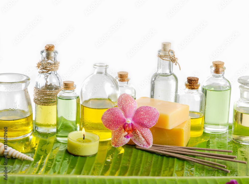 Spa set on banana leaf with orchid