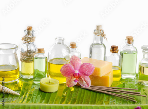 Spa set on banana leaf with orchid